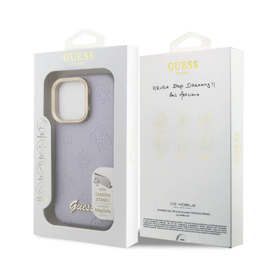 Apple iPhone 16 Pro Max Kılıf Guess Orjinal Lisanslı M-safe Şarj Özellikli Sıcak Baskılı Yazı Logolu Kamera Standlı PU Deri Peony Kapak - 12