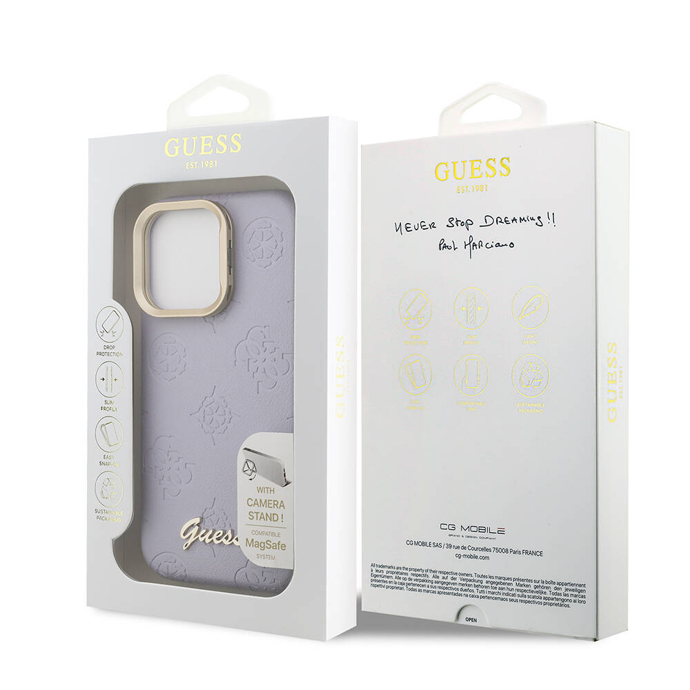 Apple iPhone 16 Pro Max Kılıf Guess Orjinal Lisanslı M-safe Şarj Özellikli Sıcak Baskılı Yazı Logolu Kamera Standlı PU Deri Peony Kapak - 12