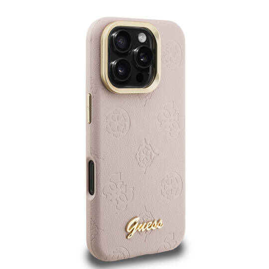 Apple iPhone 16 Pro Max Kılıf Guess Orjinal Lisanslı M-safe Şarj Özellikli Sıcak Baskılı Yazı Logolu Kamera Standlı PU Deri Peony Kapak - 15