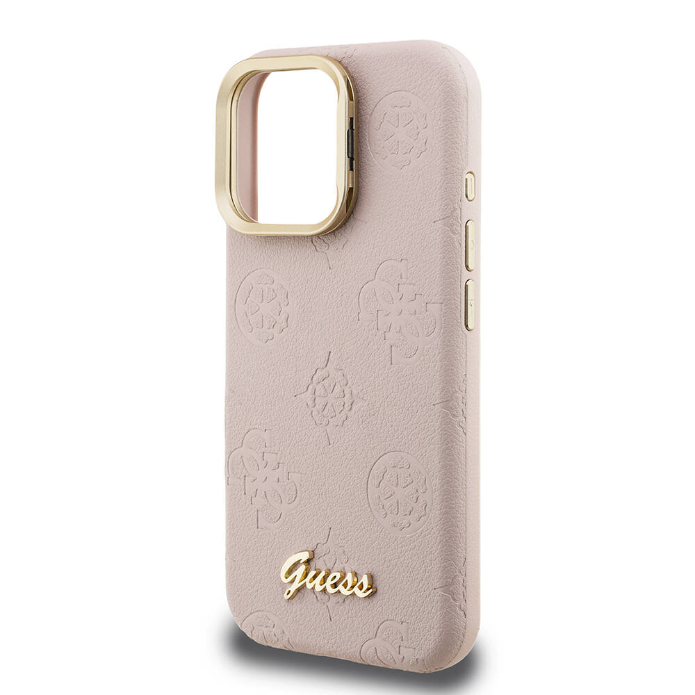 Apple iPhone 16 Pro Max Kılıf Guess Orjinal Lisanslı M-safe Şarj Özellikli Sıcak Baskılı Yazı Logolu Kamera Standlı PU Deri Peony Kapak - 17