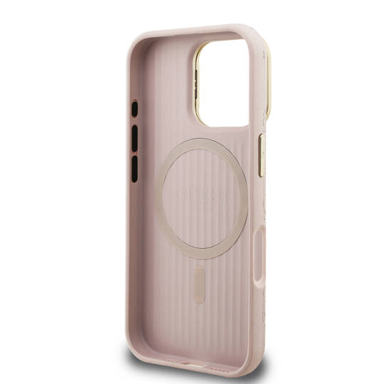 Apple iPhone 16 Pro Max Kılıf Guess Orjinal Lisanslı M-safe Şarj Özellikli Sıcak Baskılı Yazı Logolu Kamera Standlı PU Deri Peony Kapak - 18