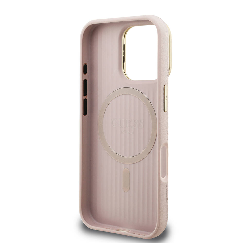 Apple iPhone 16 Pro Max Kılıf Guess Orjinal Lisanslı M-safe Şarj Özellikli Sıcak Baskılı Yazı Logolu Kamera Standlı PU Deri Peony Kapak - 18