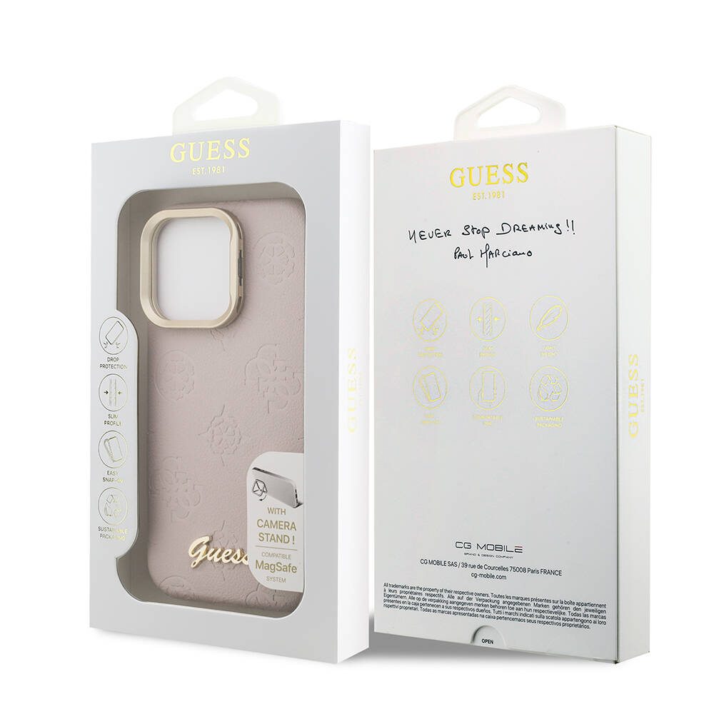 Apple iPhone 16 Pro Max Kılıf Guess Orjinal Lisanslı M-safe Şarj Özellikli Sıcak Baskılı Yazı Logolu Kamera Standlı PU Deri Peony Kapak - 19