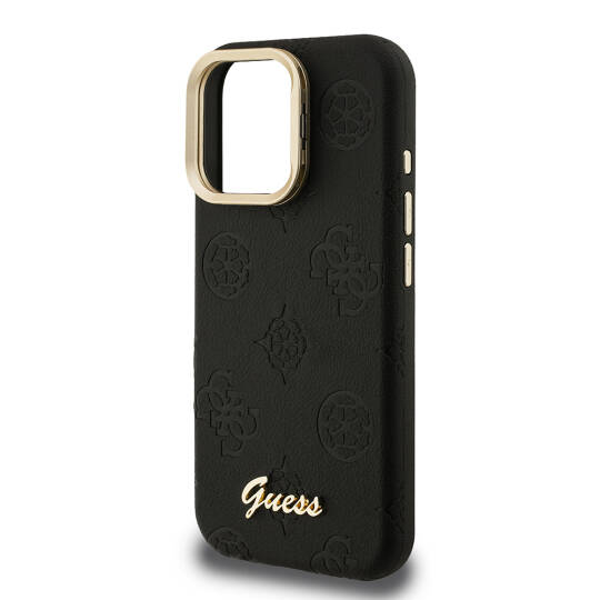 Apple iPhone 16 Pro Max Kılıf Guess Orjinal Lisanslı M-safe Şarj Özellikli Sıcak Baskılı Yazı Logolu Kamera Standlı PU Deri Peony Kapak - 24