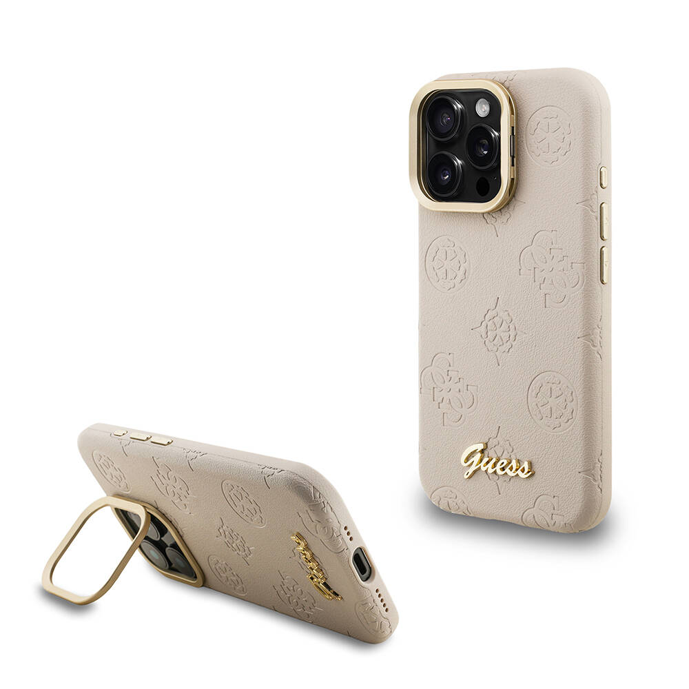 Apple iPhone 16 Pro Max Kılıf Guess Orjinal Lisanslı M-safe Şarj Özellikli Sıcak Baskılı Yazı Logolu Kamera Standlı PU Deri Peony Kapak - 3