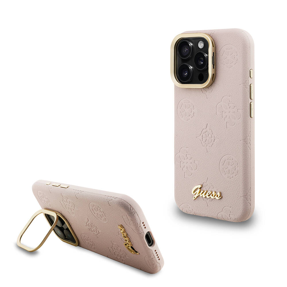 Apple iPhone 16 Pro Max Kılıf Guess Orjinal Lisanslı M-safe Şarj Özellikli Sıcak Baskılı Yazı Logolu Kamera Standlı PU Deri Peony Kapak - 2