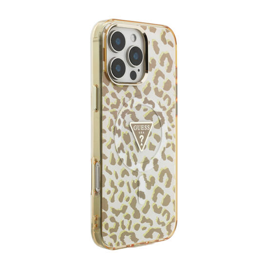 Apple iPhone 16 Pro Max Kılıf Guess Orjinal Lisanslı M-safe Şarj Özellikli Üçgen Logolu Simli Leopar Desenli Kapak - 9
