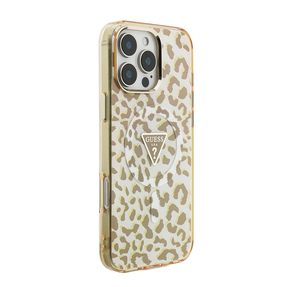 Apple iPhone 16 Pro Max Kılıf Guess Orjinal Lisanslı M-safe Şarj Özellikli Üçgen Logolu Simli Leopar Desenli Kapak - 9