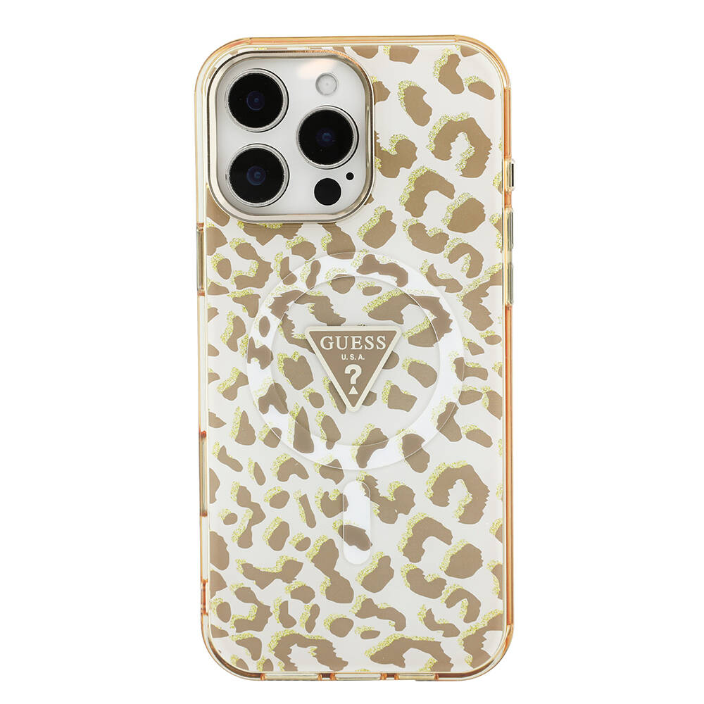 Apple iPhone 16 Pro Max Kılıf Guess Orjinal Lisanslı M-safe Şarj Özellikli Üçgen Logolu Simli Leopar Desenli Kapak - 13