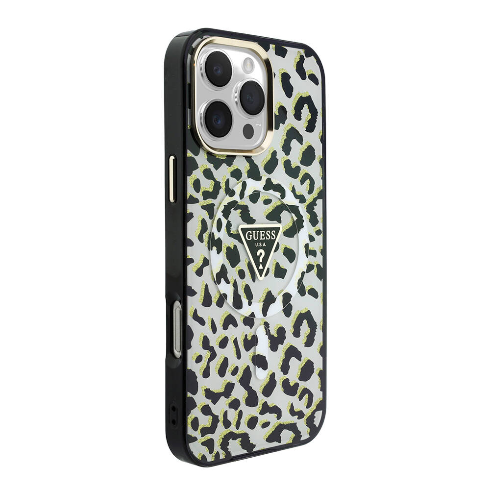 Apple iPhone 16 Pro Max Kılıf Guess Orjinal Lisanslı M-safe Şarj Özellikli Üçgen Logolu Simli Leopar Desenli Kapak - 1
