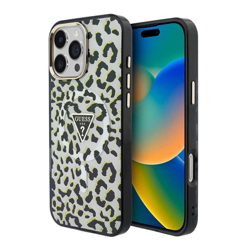 Apple iPhone 16 Pro Max Kılıf Guess Orjinal Lisanslı M-safe Şarj Özellikli Üçgen Logolu Simli Leopar Desenli Kapak - 2