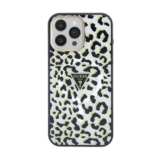 Apple iPhone 16 Pro Max Kılıf Guess Orjinal Lisanslı M-safe Şarj Özellikli Üçgen Logolu Simli Leopar Desenli Kapak - 4