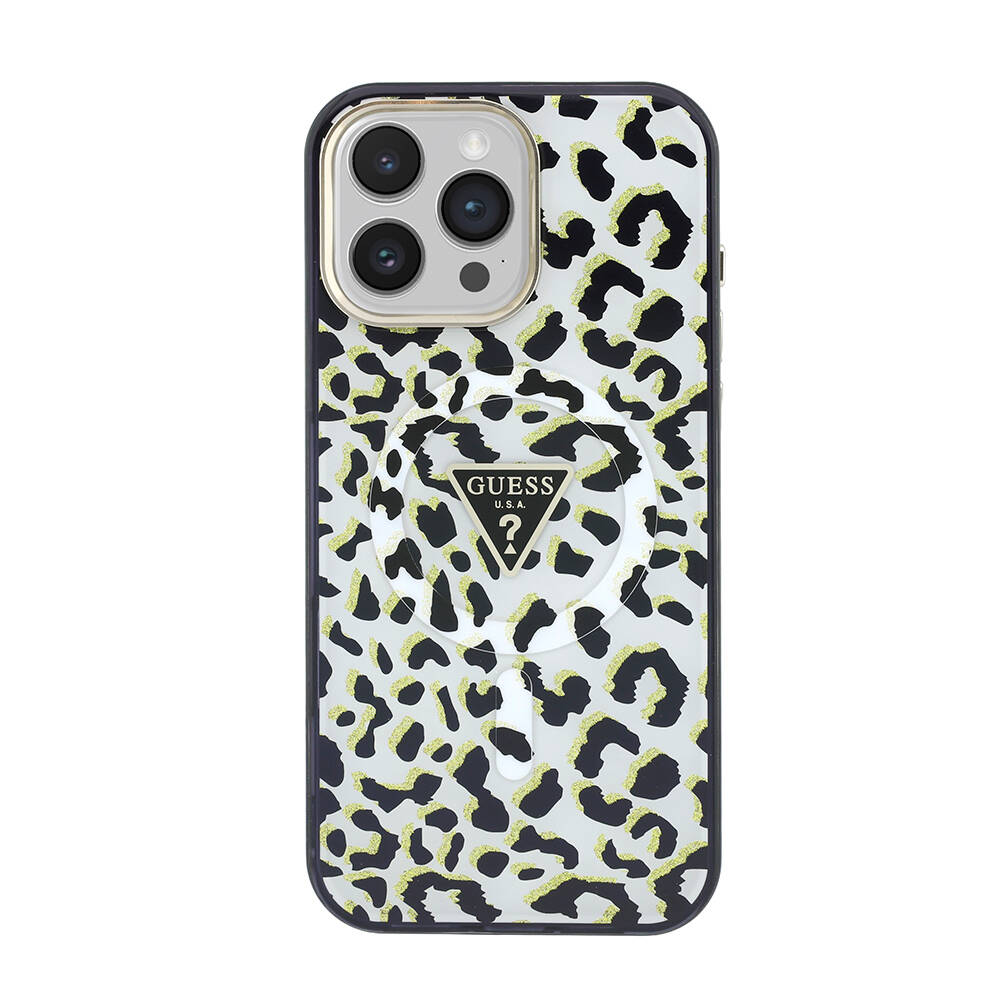 Apple iPhone 16 Pro Max Kılıf Guess Orjinal Lisanslı M-safe Şarj Özellikli Üçgen Logolu Simli Leopar Desenli Kapak - 4