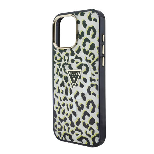 Apple iPhone 16 Pro Max Kılıf Guess Orjinal Lisanslı M-safe Şarj Özellikli Üçgen Logolu Simli Leopar Desenli Kapak - 6