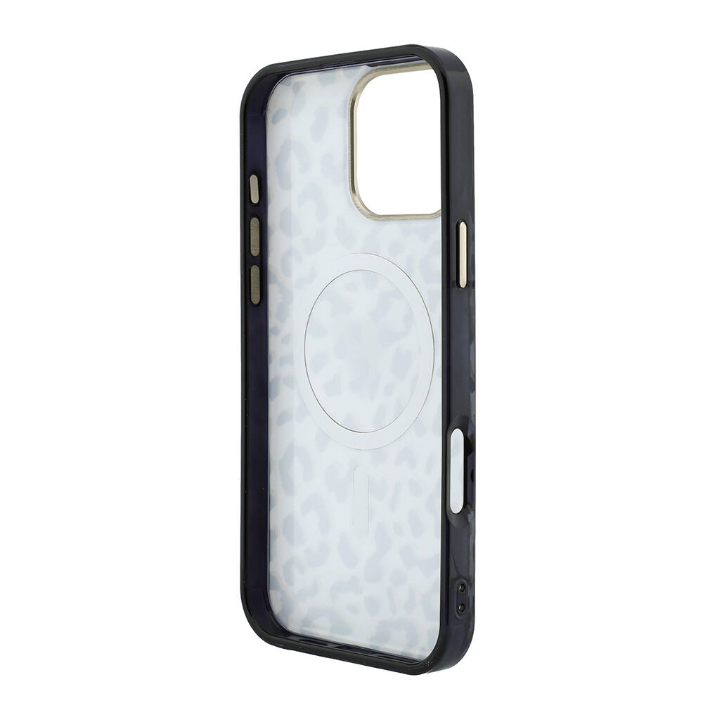 Apple iPhone 16 Pro Max Kılıf Guess Orjinal Lisanslı M-safe Şarj Özellikli Üçgen Logolu Simli Leopar Desenli Kapak - 7
