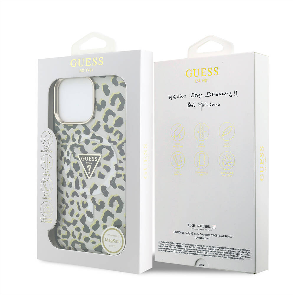 Apple iPhone 16 Pro Max Kılıf Guess Orjinal Lisanslı M-safe Şarj Özellikli Üçgen Logolu Simli Leopar Desenli Kapak - 8
