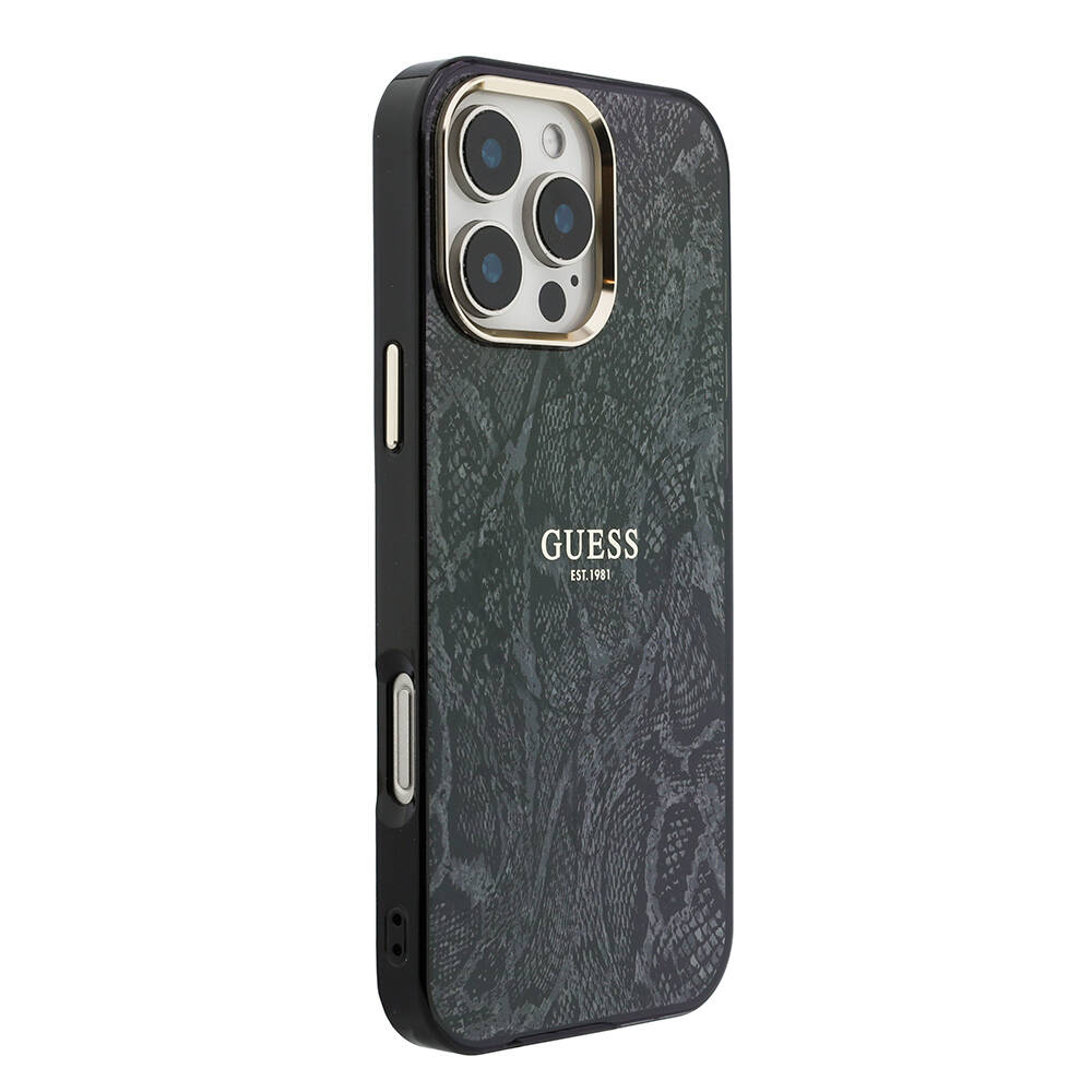 Apple iPhone 16 Pro Max Kılıf Guess Orjinal Lisanslı M-safe Şarj Özellikli Yazı Logolu Python Desenli Kapak - 7