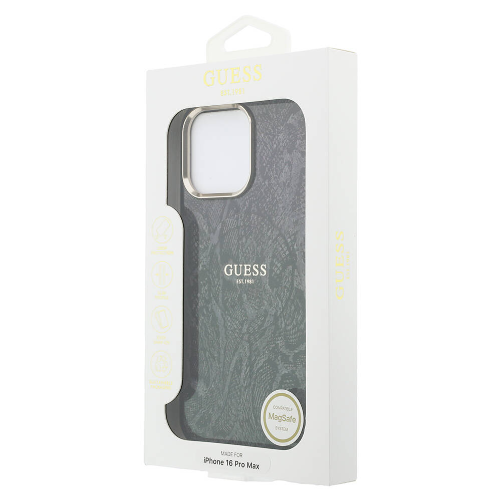 Apple iPhone 16 Pro Max Kılıf Guess Orjinal Lisanslı M-safe Şarj Özellikli Yazı Logolu Python Desenli Kapak - 12