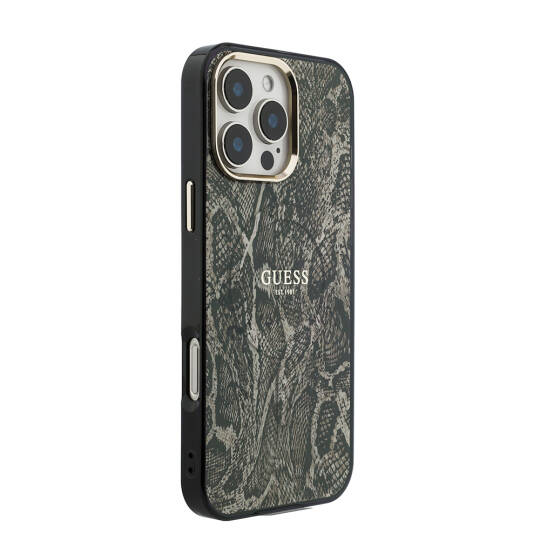 Apple iPhone 16 Pro Max Kılıf Guess Orjinal Lisanslı M-safe Şarj Özellikli Yazı Logolu Python Desenli Kapak