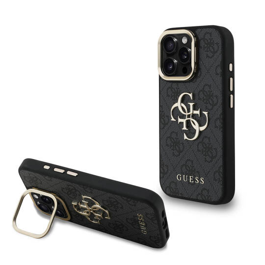 Apple iPhone 16 Pro Max Kılıf Guess Orjinal Lisanslı PU Deri 4G Desenli Metal Büyük 4G ve Yazı Logolu Kamera Standlı Kapak - 23