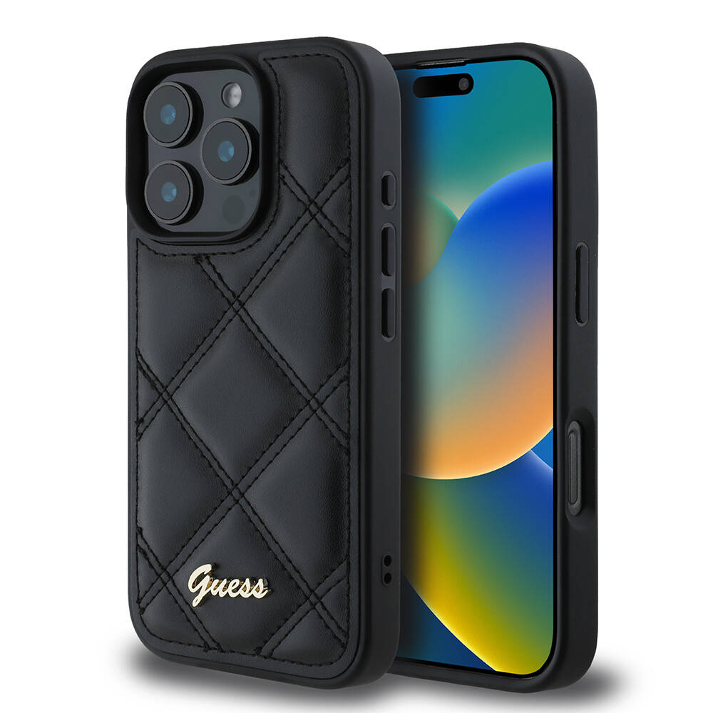 Apple iPhone 16 Pro Max Kılıf Guess Orjinal Lisanslı PU Deri Metal Yazı Logolu Kapitone Kapak - 1