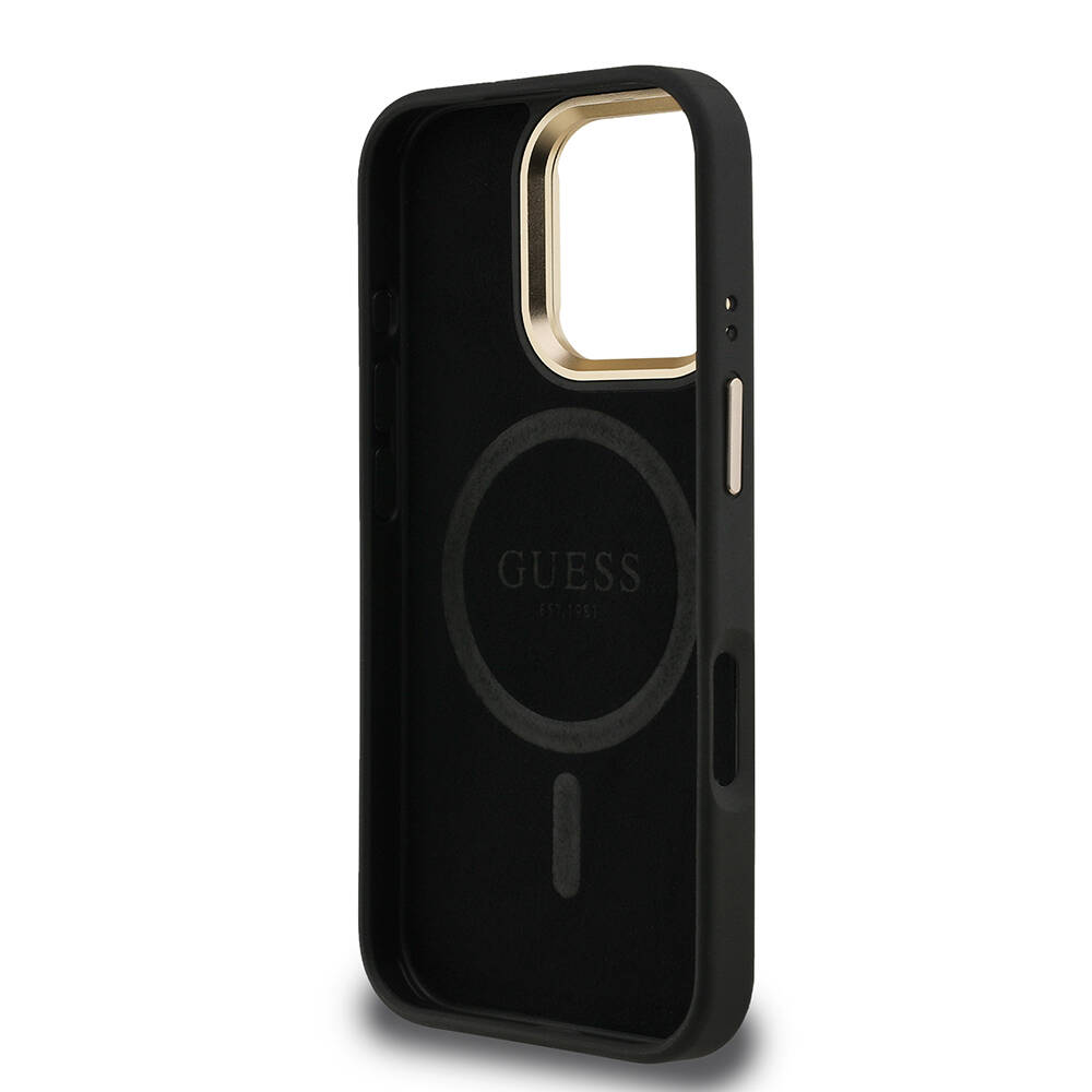 Apple iPhone 16 Pro Max Kılıf Guess Orjinal Lisanslı PU Deri Taşlı Üçgen Logo 4G Desenli Kamera Standlı Kapak - 10