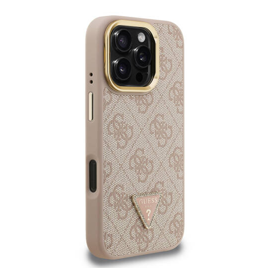 Apple iPhone 16 Pro Max Kılıf Guess Orjinal Lisanslı PU Deri Taşlı Üçgen Logo 4G Desenli Kamera Standlı Kapak - 18