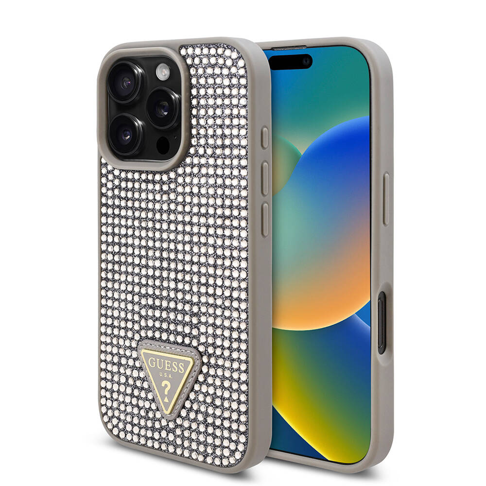 Apple iPhone 16 Pro Max Kılıf Guess Orjinal Lisanslı Taşlı Arka Yüzey Üçgen Logolu Kapak - 1