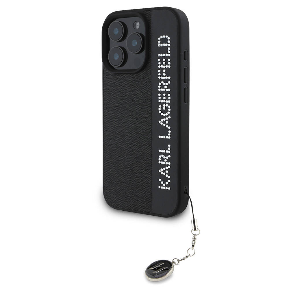 Apple iPhone 16 Pro Max Kılıf Karl Lagerfeld Orjinal Lisanslı Anahtarlıklı Taşlı KL Yazılı Saffiano Rhinestones Kapak - 4