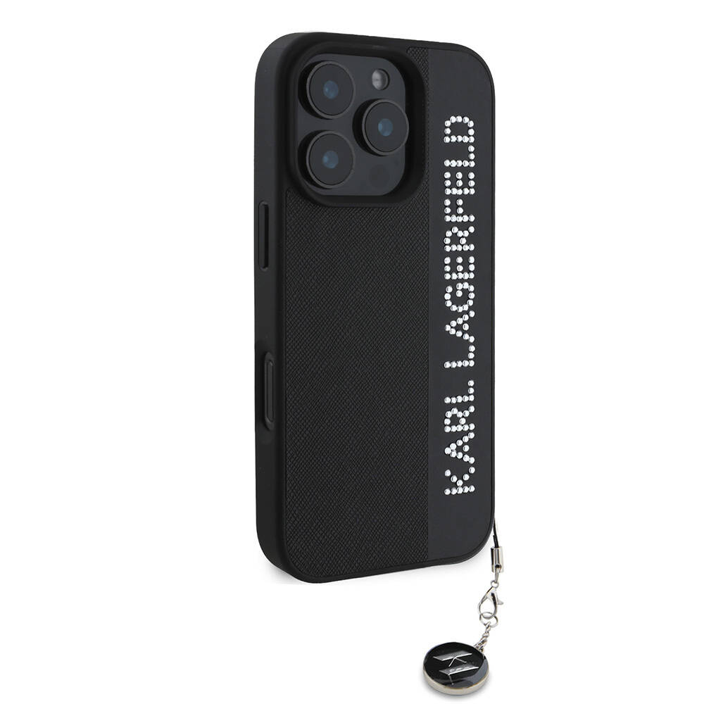 Apple iPhone 16 Pro Max Kılıf Karl Lagerfeld Orjinal Lisanslı Anahtarlıklı Taşlı KL Yazılı Saffiano Rhinestones Kapak - 5