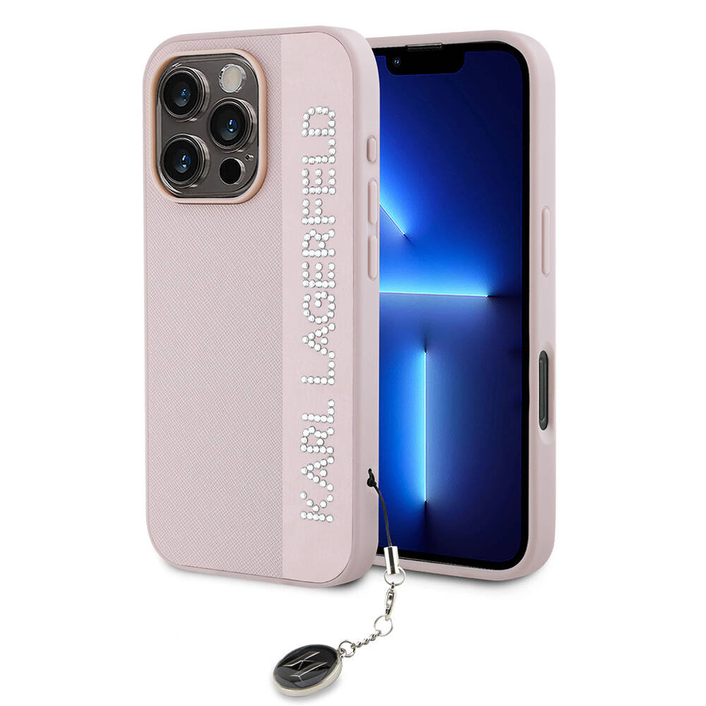 Apple iPhone 16 Pro Max Kılıf Karl Lagerfeld Orjinal Lisanslı Anahtarlıklı Taşlı KL Yazılı Saffiano Rhinestones Kapak - 1