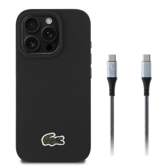 Apple iPhone 16 Pro Max Kılıf Lacoste Orjinal Lisanslı PU Pike Desenli Arka Yüzey İkonik Timsah Dokuma Logolu Kapak + Type-C Kablo 1.5m - 2