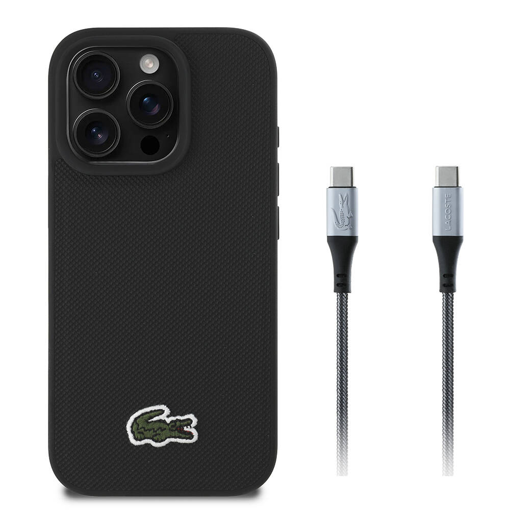 Apple iPhone 16 Pro Max Kılıf Lacoste Orjinal Lisanslı PU Pike Desenli Arka Yüzey İkonik Timsah Dokuma Logolu Kapak + Type-C Kablo 1.5m - 2