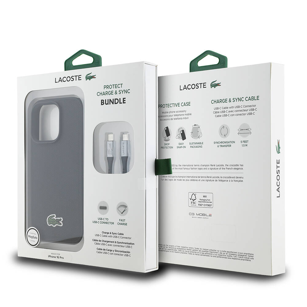 Apple iPhone 16 Pro Max Kılıf Lacoste Orjinal Lisanslı PU Pike Desenli Arka Yüzey İkonik Timsah Dokuma Logolu Kapak + Type-C Kablo 1.5m - 9