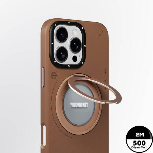 Apple iPhone 16 Pro Max Kılıf M-safe Şarj Özellikli 360° Standlı Basit Mat Deri Desenli Youngkit Tech Leather Serisi Kapak - 12