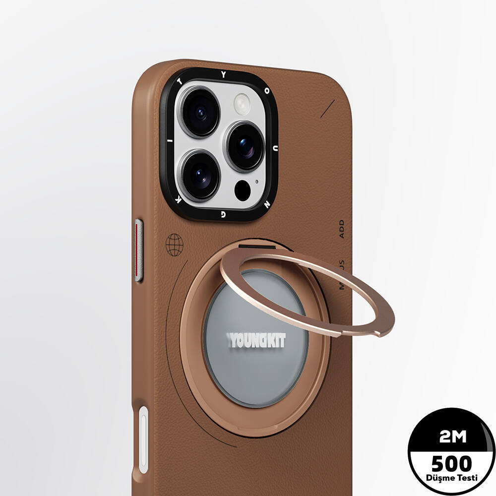 Apple iPhone 16 Pro Max Kılıf M-safe Şarj Özellikli 360° Standlı Basit Mat Deri Desenli Youngkit Tech Leather Serisi Kapak - 12
