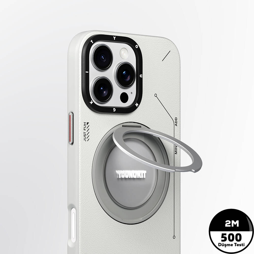Apple iPhone 16 Pro Max Kılıf M-safe Şarj Özellikli 360° Standlı Basit Mat Deri Desenli Youngkit Tech Leather Serisi Kapak - 13
