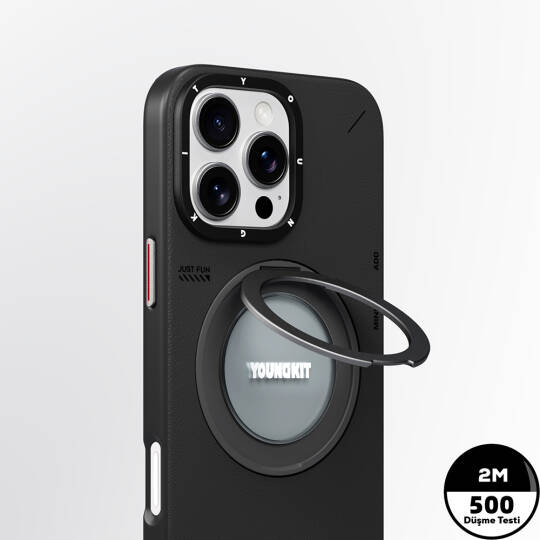 Apple iPhone 16 Pro Max Kılıf M-safe Şarj Özellikli 360° Standlı Basit Mat Deri Desenli Youngkit Tech Leather Serisi Kapak - 14