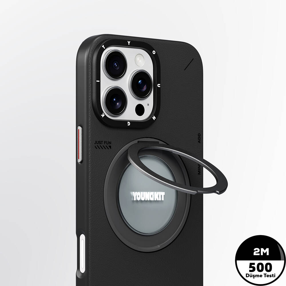 Apple iPhone 16 Pro Max Kılıf M-safe Şarj Özellikli 360° Standlı Basit Mat Deri Desenli Youngkit Tech Leather Serisi Kapak - 14
