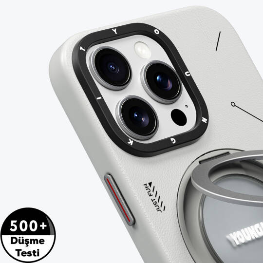 Apple iPhone 16 Pro Max Kılıf M-safe Şarj Özellikli 360° Standlı Basit Mat Deri Desenli Youngkit Tech Leather Serisi Kapak - 15