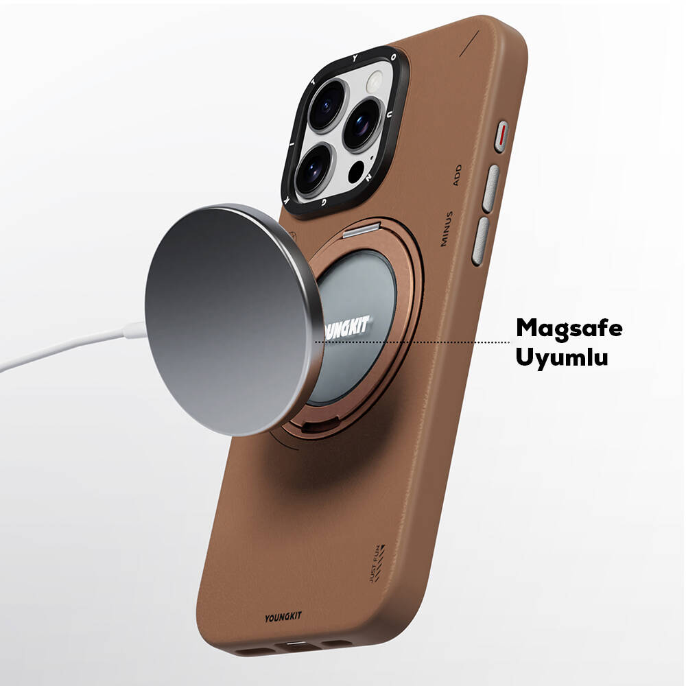 Apple iPhone 16 Pro Max Kılıf M-safe Şarj Özellikli 360° Standlı Basit Mat Deri Desenli Youngkit Tech Leather Serisi Kapak - 16