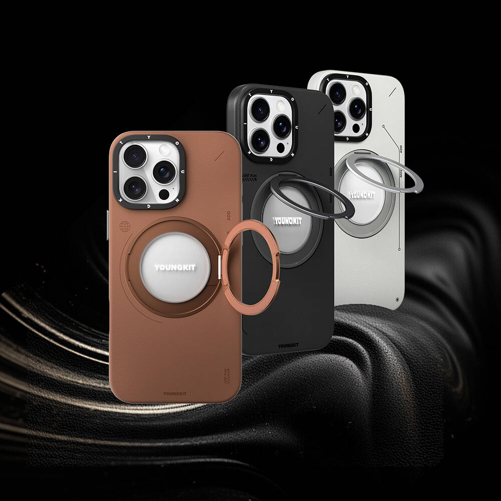 Apple iPhone 16 Pro Max Kılıf M-safe Şarj Özellikli 360° Standlı Basit Mat Deri Desenli Youngkit Tech Leather Serisi Kapak - 18