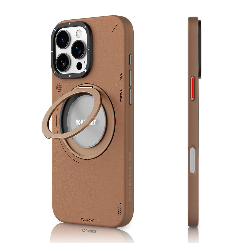 Apple iPhone 16 Pro Max Kılıf M-safe Şarj Özellikli 360° Standlı Basit Mat Deri Desenli Youngkit Tech Leather Serisi Kapak - 1