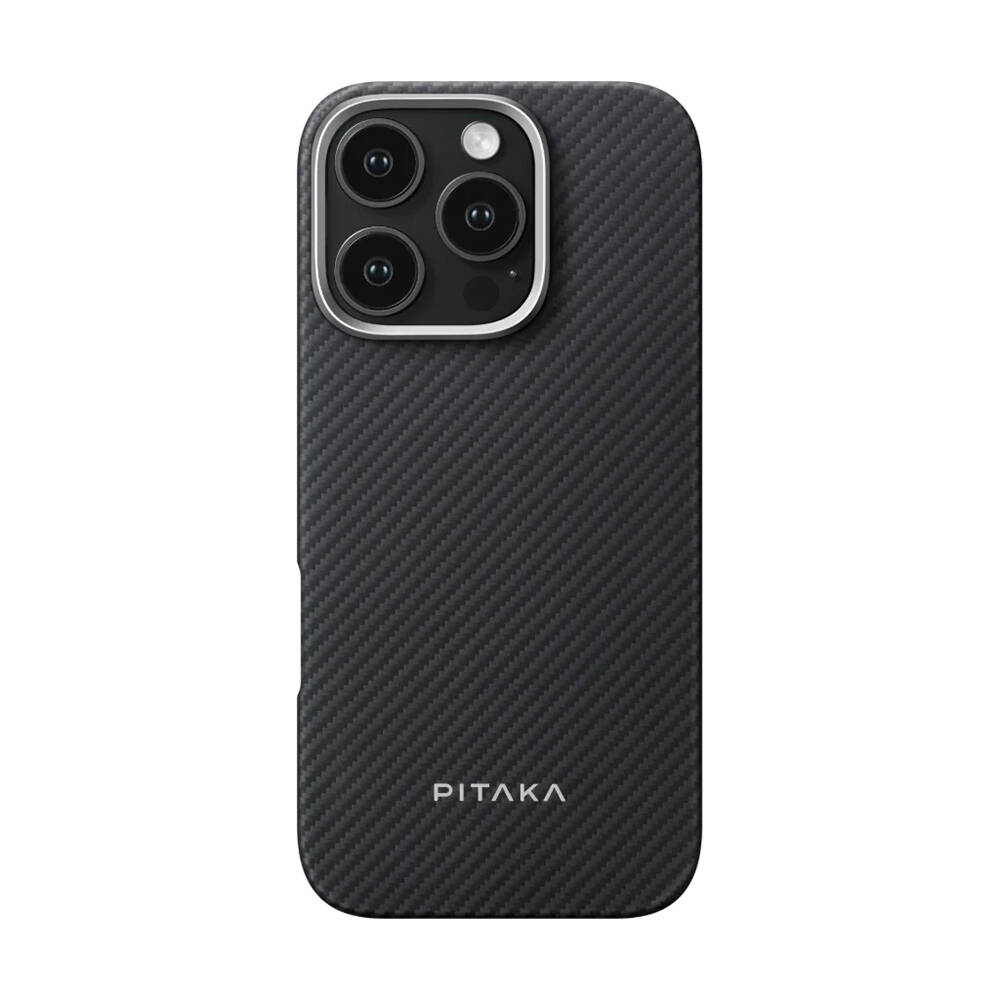 Apple iPhone 16 Pro Max Kılıf M-safe Şarj Özellikli 600D Aramid Karbon Fiber Pitaka Ultra-Slim Classic Serisi Black-Grey Twill Kapak - 2