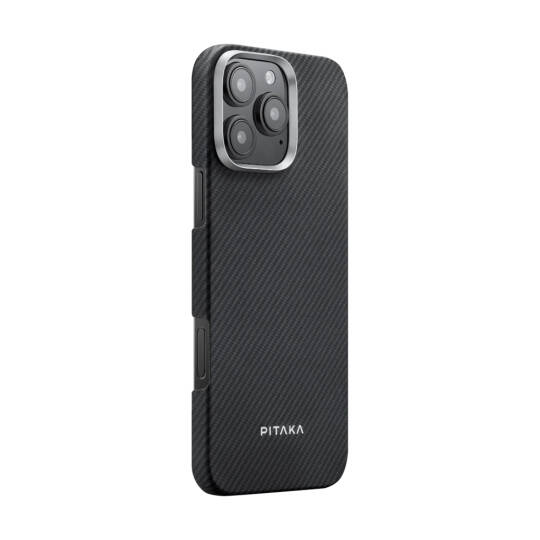 Apple iPhone 16 Pro Max Kılıf M-safe Şarj Özellikli 600D Aramid Karbon Fiber Pitaka Ultra-Slim Classic Serisi Black-Grey Twill Kapak - 3