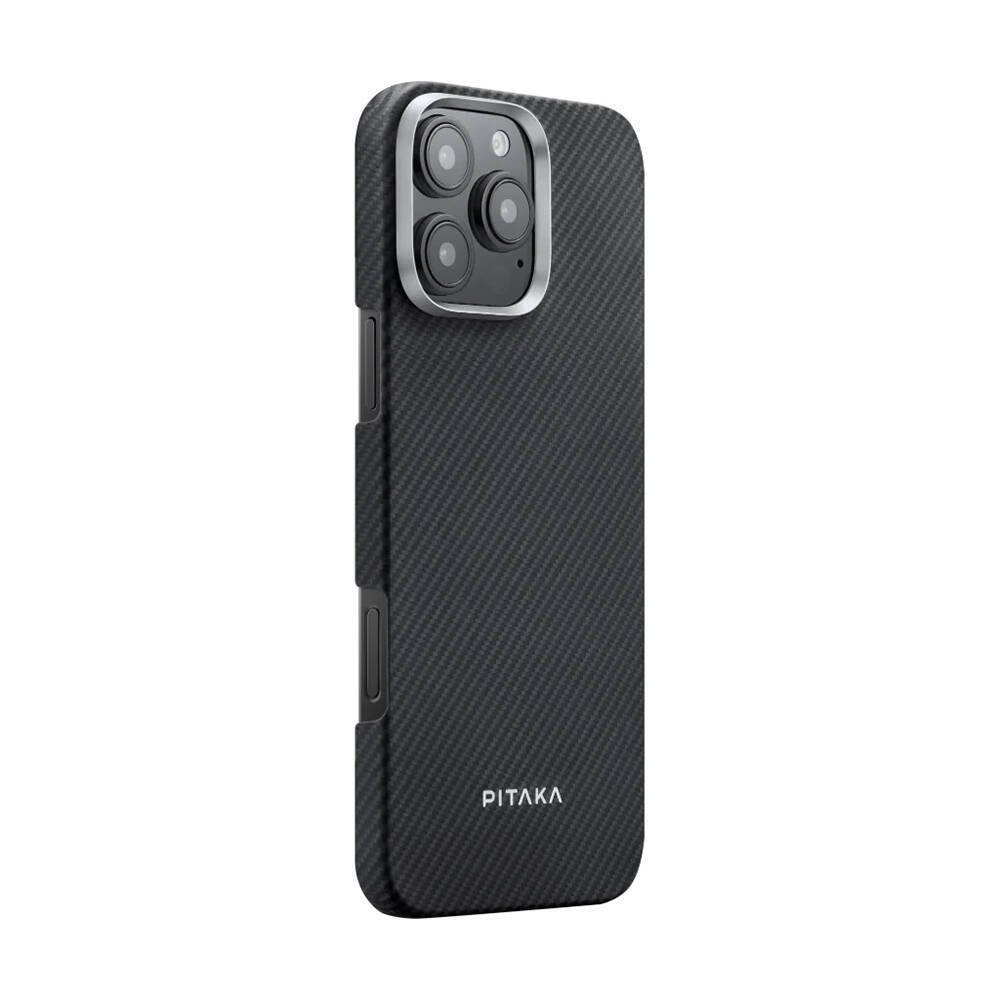 Apple iPhone 16 Pro Max Kılıf M-safe Şarj Özellikli 600D Aramid Karbon Fiber Pitaka Ultra-Slim Classic Serisi Black-Grey Twill Kapak - 3