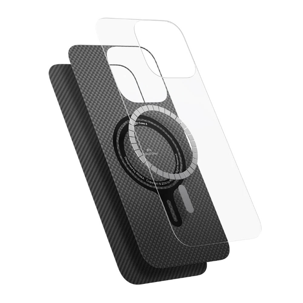 Apple iPhone 16 Pro Max Kılıf M-safe Şarj Özellikli 600D Aramid Karbon Fiber Pitaka Ultra-Slim Classic Serisi Black-Grey Twill Kapak - 4