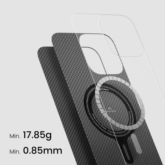 Apple iPhone 16 Pro Max Kılıf M-safe Şarj Özellikli 600D Aramid Karbon Fiber Pitaka Ultra-Slim Classic Serisi Black-Grey Twill Kapak - 5