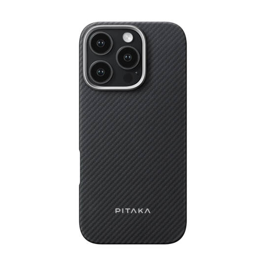 Apple iPhone 16 Pro Max Kılıf M-safe Şarj Özellikli 600D Aramid Karbon Fiber Pitaka Ultra-Slim Classic Serisi Black-Grey Twill Kapak - 1