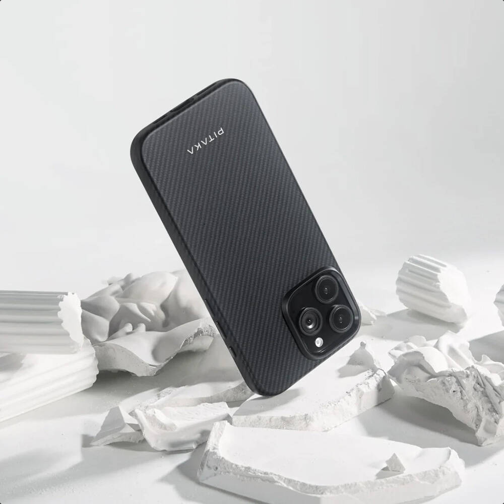 Apple iPhone 16 Pro Max Kılıf M-safe Şarj Özellikli Aramid Karbon Fiber Pitaka Military-Grade Classic Serisi Black-Grey Twill Kapak - 5